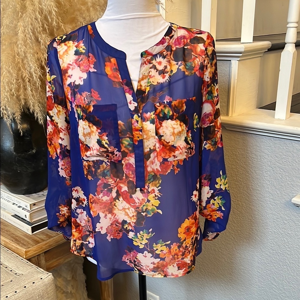 Anthropologie Meadow Rue Sheer Floral Blouse Blue Size XS